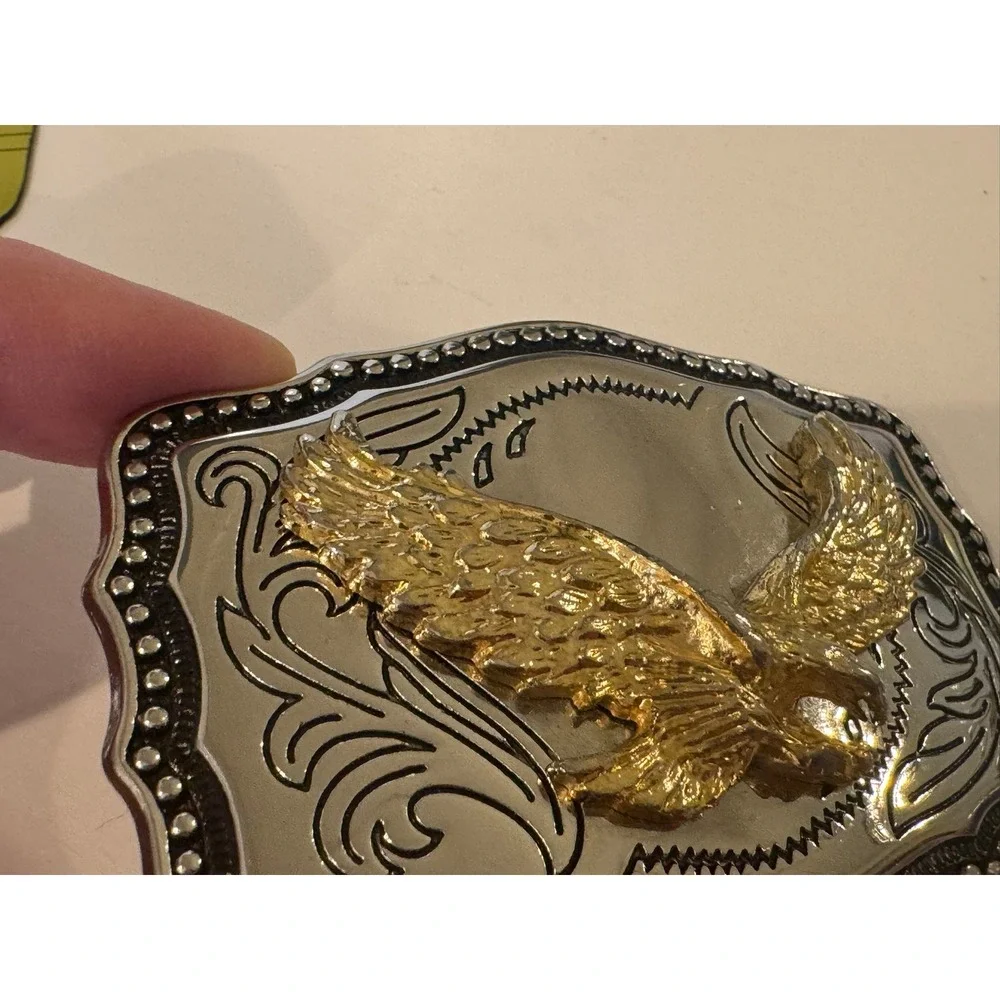 Western Soaring Eagle Belt Buckle Gold Silver Tone Scalloped Scrollwork Mens
